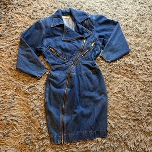 Vintage 80s Young Edwardian blue distressed denim zip dress